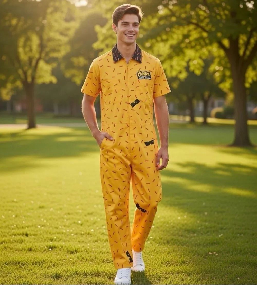 Cheetos Mac N Cheese Yellow Zip Front Jumpsuit Adult Costume Pajamas Large